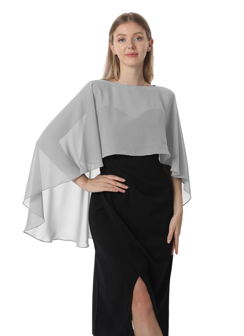 Hotshawl Capelets for women Chiffon Cape Shawls and Wraps for Evening Dress Wedding Capes Cover Up (Silver) - Image 1